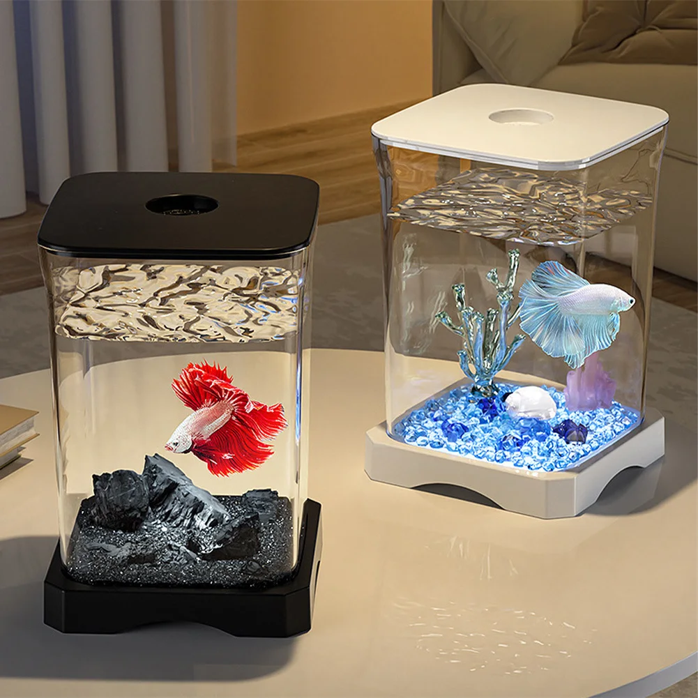 Aquarium Fish Tank Mini Desktop Fish Tank With Built-in Bottom Light & Top Feeding Hole For Home Office Tabletop Decoration