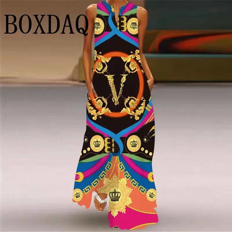 Kobiety Eleganckie Maxi Długie Sukienki Luźne Kwiatowe Vintage V-Neck 3D Print Kieszenie Sukienka Letnia Tank Beach Party Robe Dress Sundress