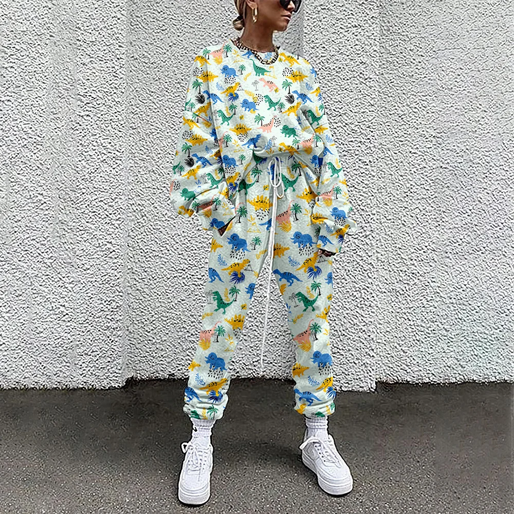 

2 Pieces Set Sports Sweatshirts Pullover Sweatpants Spring Autumn Casual Women Dinosaur Print Tracksuit Home Outfits