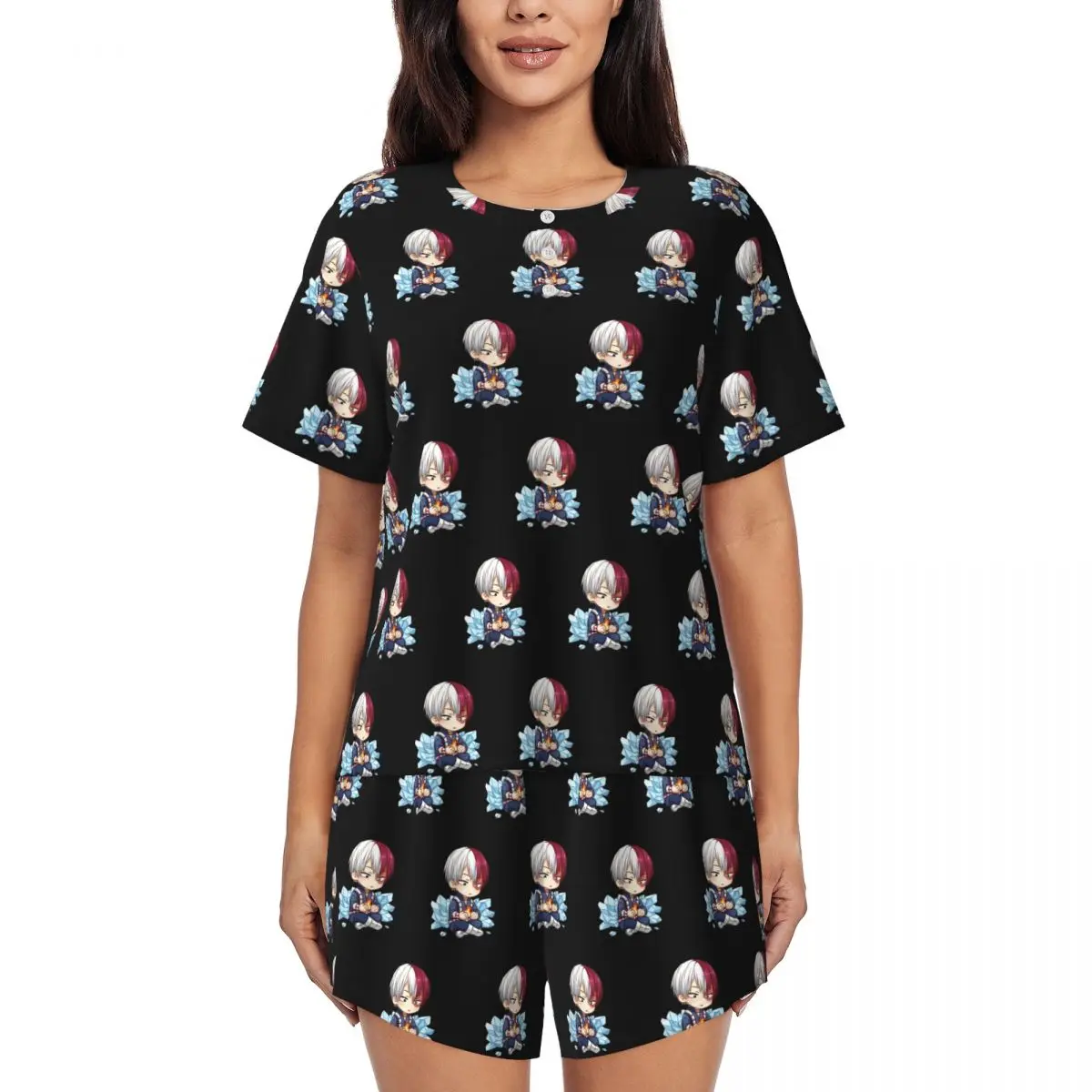 

Academia My Hero Todoroki Cute Round Neck Short Sleeve Nightgowns for Sleeping Sleepshirts Women Loose Pajama Set Short Pants