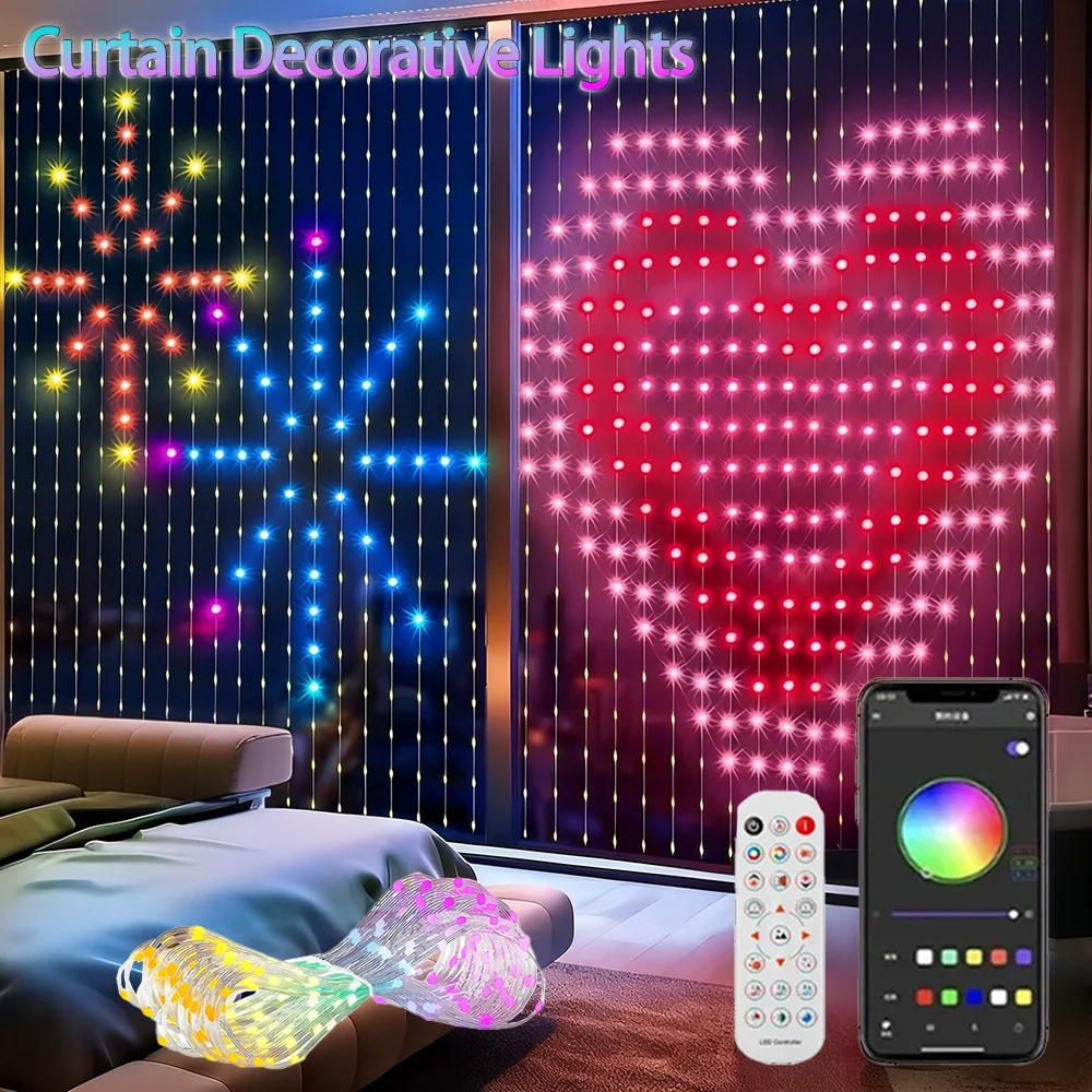 Умные светодиодные занавески RGB Light String App Control Водонепроницаемый DIY Fairy Light USB-разъем Текстовый узор для украшения вечерние комнаты