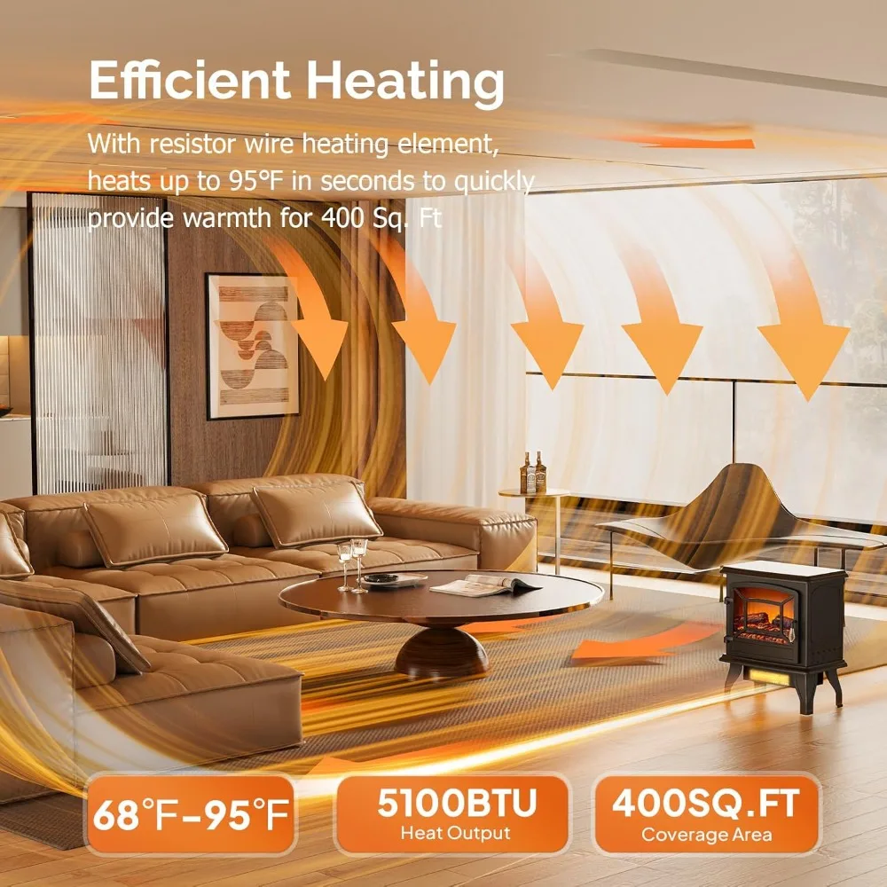 سخان مدفأة كهربائي ROVSUN 20H، 1400 وات محمول قائم بذاته مع ترموستات، تأثيرات لهب واقعية، حماية من الحرارة الزائدة