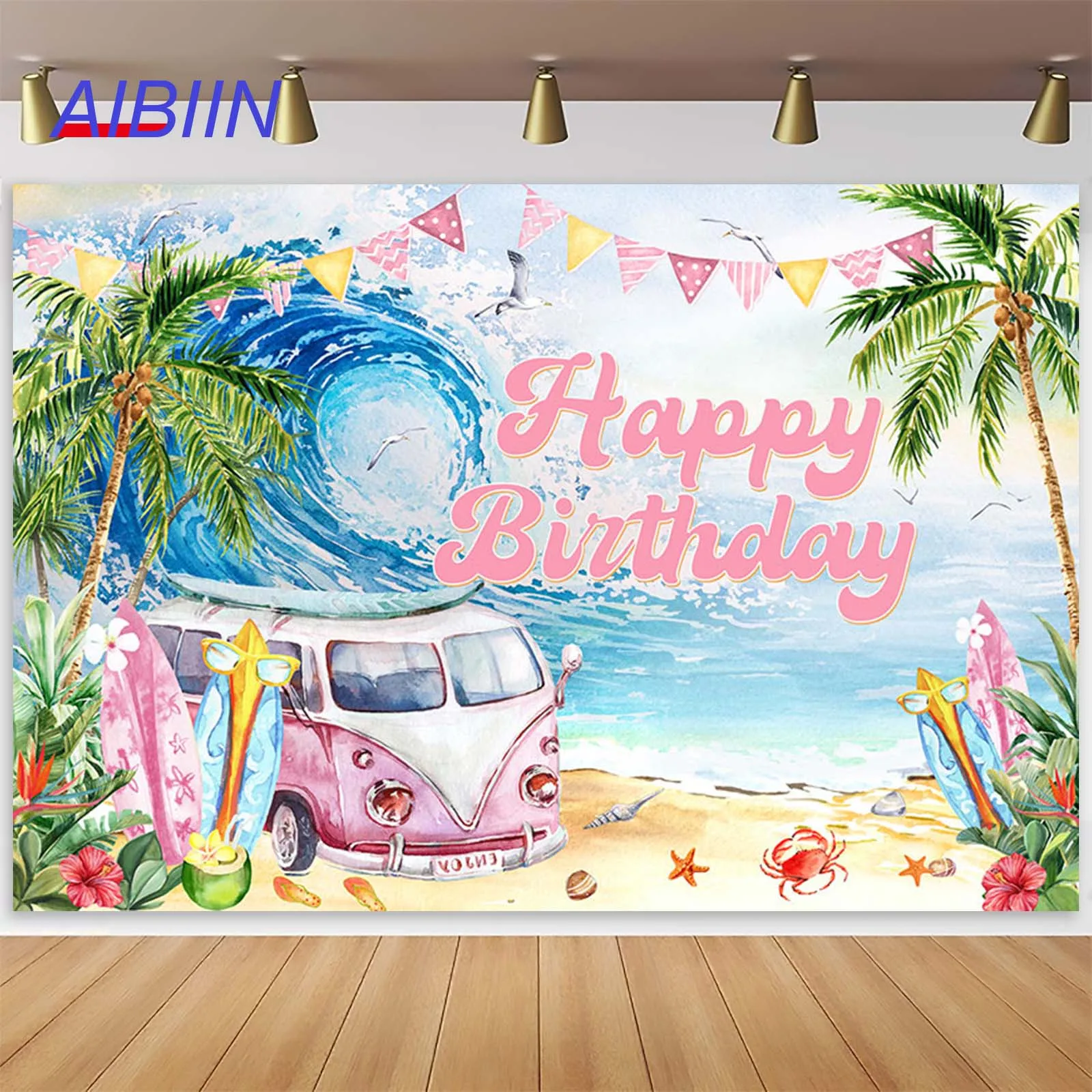 

AIBIIN Happy Birthday Party Backdrop Summer Beach Surfboard Palm Trees Starfish Crab Photography Background Portrait Party Decor