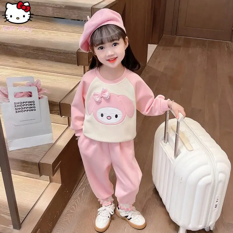 

Kawaii Cartoon Girls Kuromi Bow T Shirt Trousers Suit Anime Spring Autumn New Sanrio Girls Fashion Clothing Sweatshirt Trousers