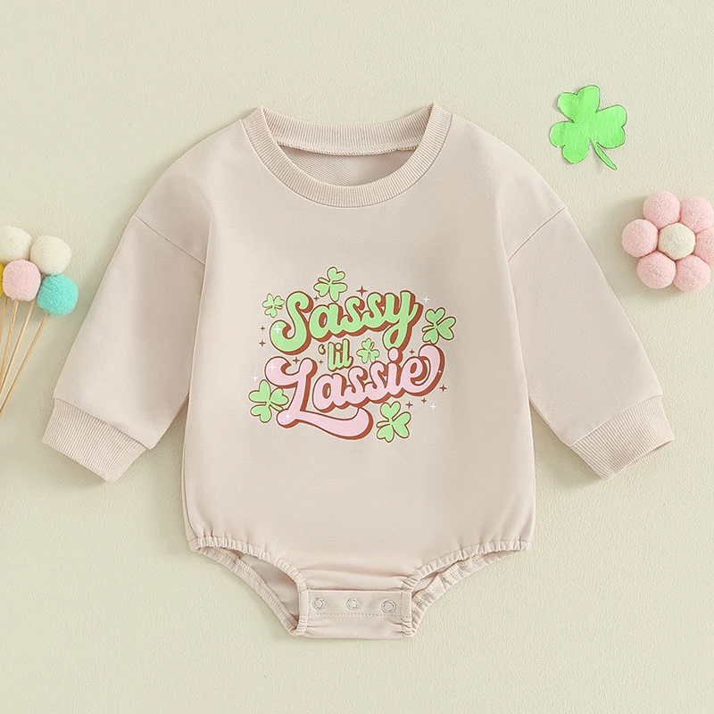 Baby Girls St Patrick Outfits Long Sleeve Clover Sassy Lil Lassie Letters Print Romper Infant Spring Clothes