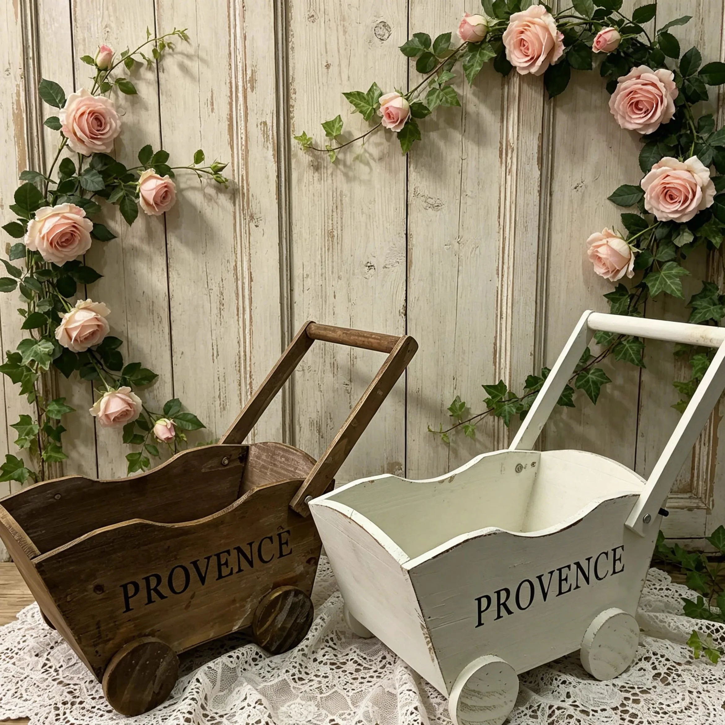 Vintage Wooden Cart Planter French Country PROVENCE Rustic Fir Flower Pot with 4 Wheels for Garden Patio Balcony Decor