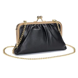 Vintage Genuine Leather Women Clip Bag Luxury Kiss Lock Clutch Purse Fashion Female Chain Crossbody Bags Small Evening Clutches