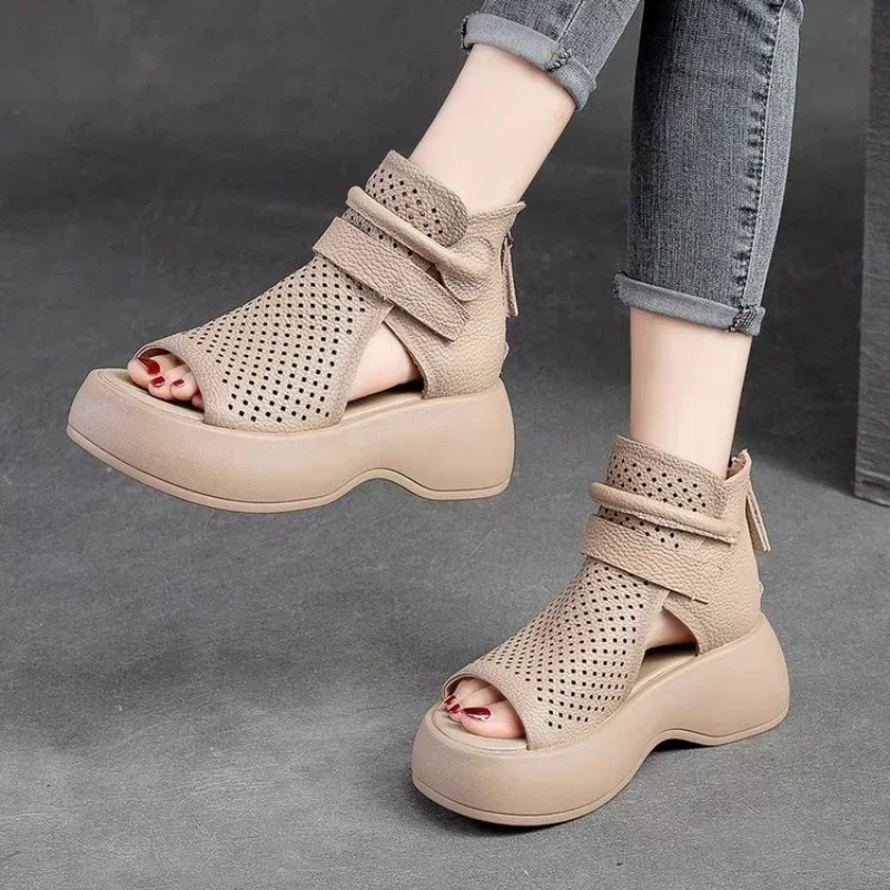 Summer New Hollow Breathable Hole Shoes Thick Sole  Genuine Leather Fish Mouth Hook & Loop Retro Comfortable Women Sandals