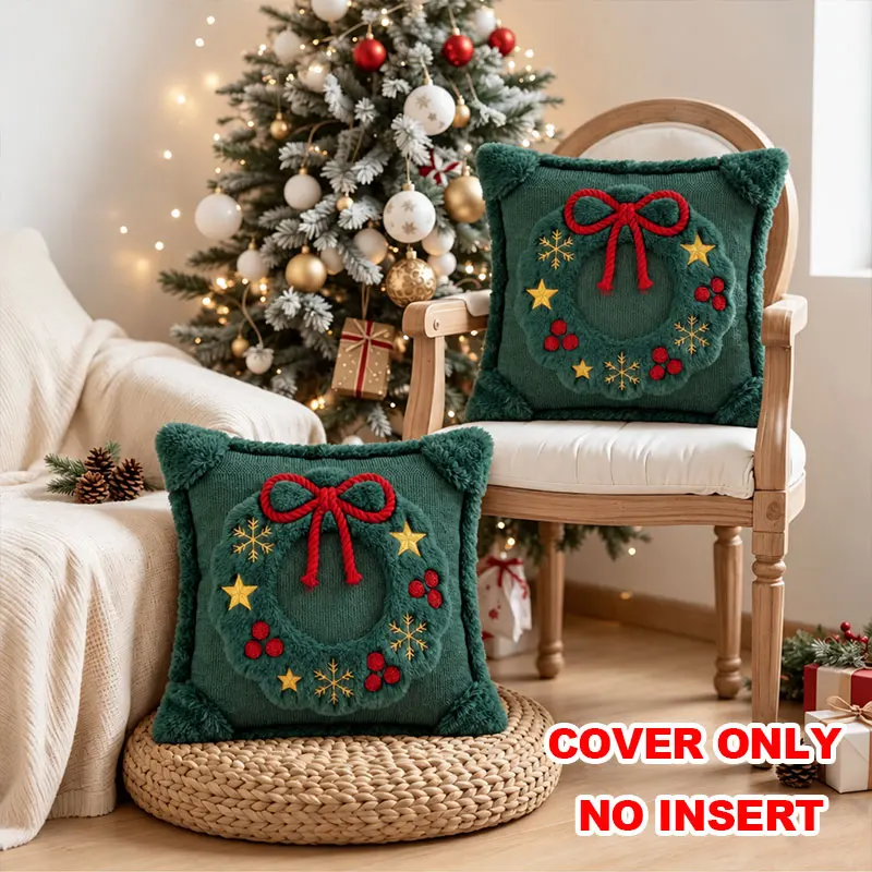 Christmas Throw Pillow Covers 3D Xmas Wreath Plush Cushion Covers Warm Winter Textured Pillow Case for Living Room Home Decor