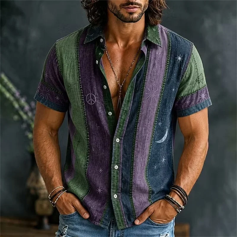 New beige cherry blossom men's short sleeved shirt with Chinese style floral print collar for vacation and leisure