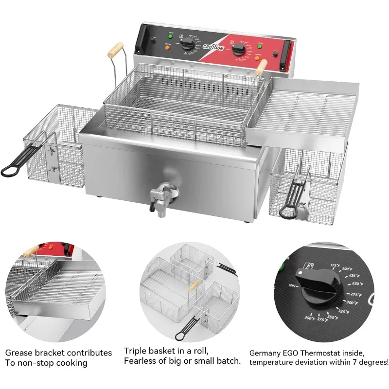 مقلاة تركية سلة ثلاثية كهربائية 24 رطل مع صنبور تصريف الزيت، رف تصريف الزيت، مقلاة عميقة على سطح الكونترتوب التجاري #4
