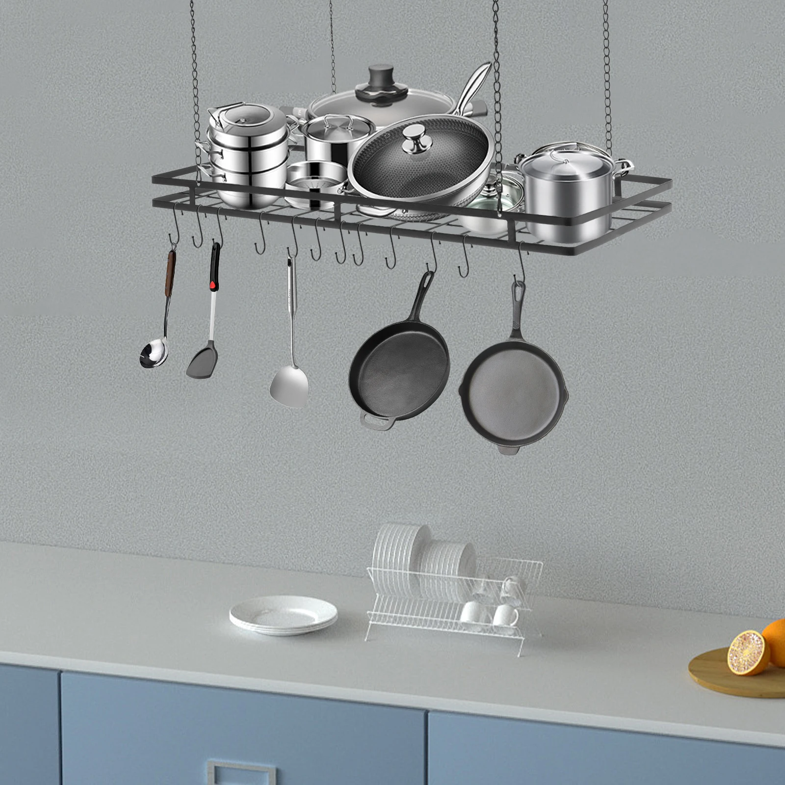 

Прочная полка для кастрюль с 12 крючками, вместимость 409 фунтов, прочная железная конструкция, потолочное крепление для кухни