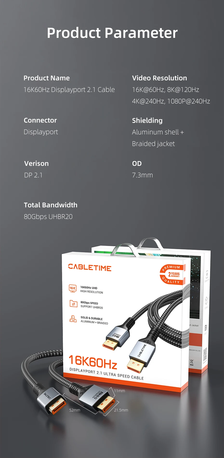 CABLETIME 16K DisplayPort-Kabel DP 2.1 8K@120Hz 4K@240Hz 80 Gbit/s HDR-Video-Audiokabel für HDTV-Kamera-Projektor PC-Display-Port – Detail 11
