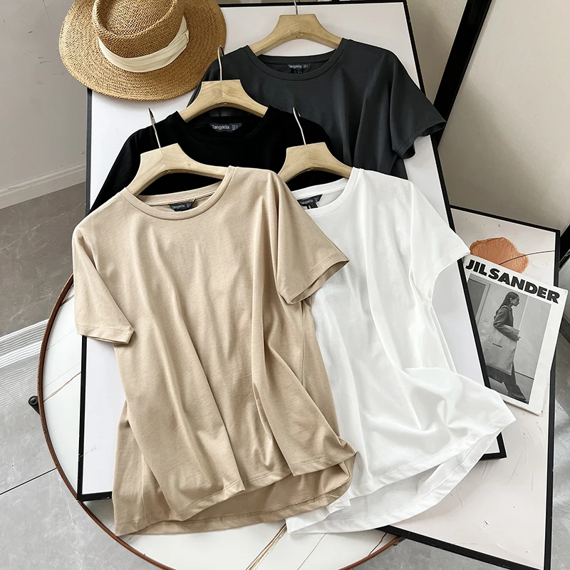 Tangada 2023 women khaki basic cotton T shirt short sleeve O neck tees ladies casual tee shirt street wear top 6D5X
