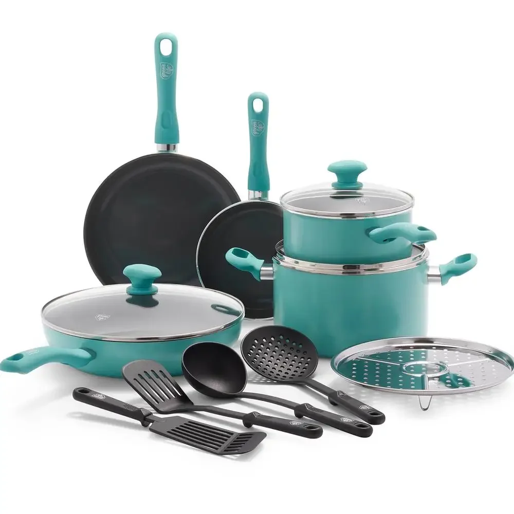 Turquoise Diamond Ceramic Non-stick Cookware Set 13Pc Healthy Reinforced Body Effortless Control Glass Lids Dishwasher Safe