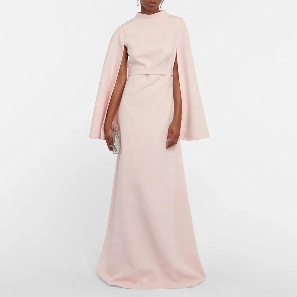 

New Arrival Blush Pink Evening Dresses 2024 Prom Party Gowns High Collar Wedding Guest Dress Long Sleeves with Belt Floor Length