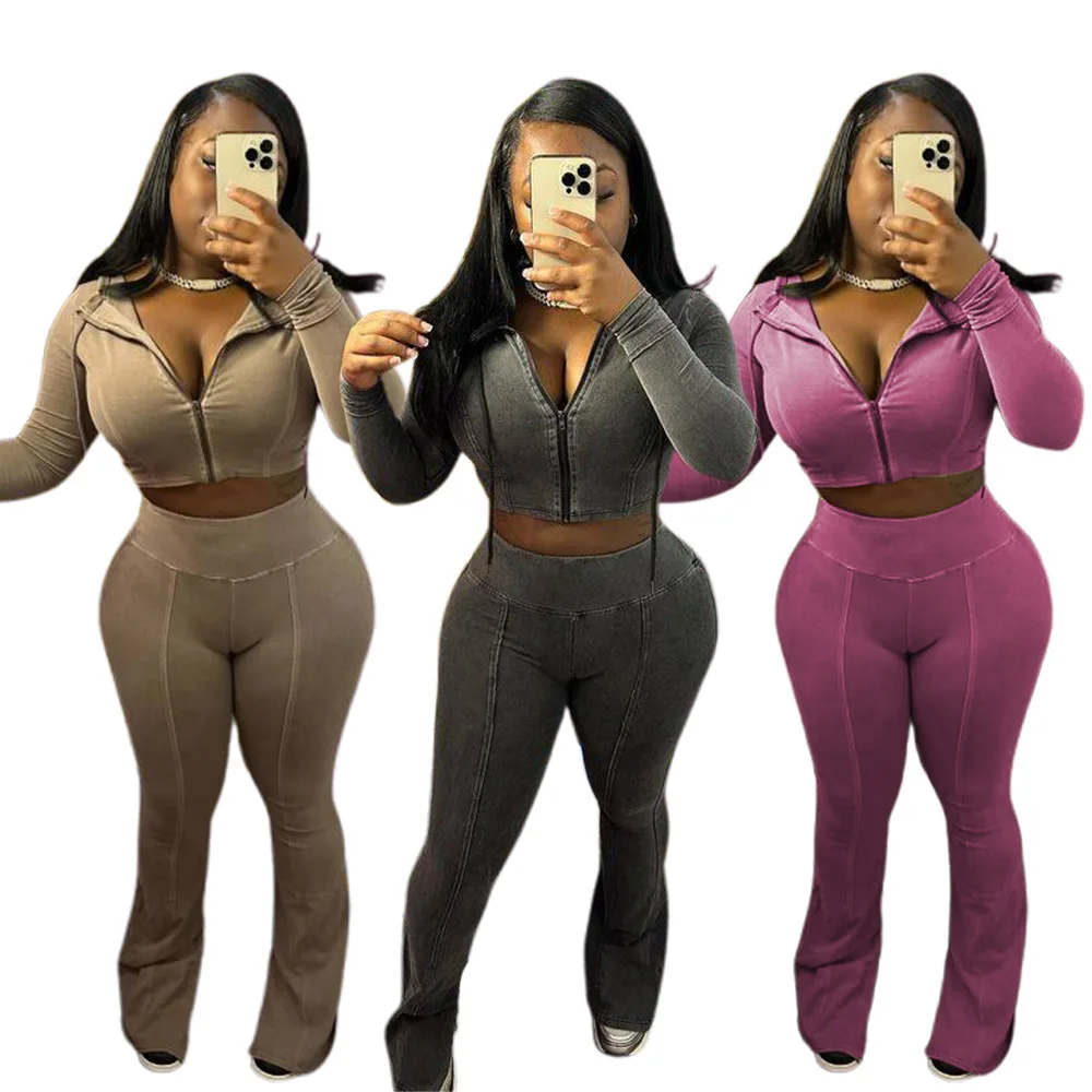 

Women'S Set Autumn Winter Fashion Long Sleeve Hooded Jacket And Flare Pants Matching Sets Casual Two Piece Set Jogger Tracksuit