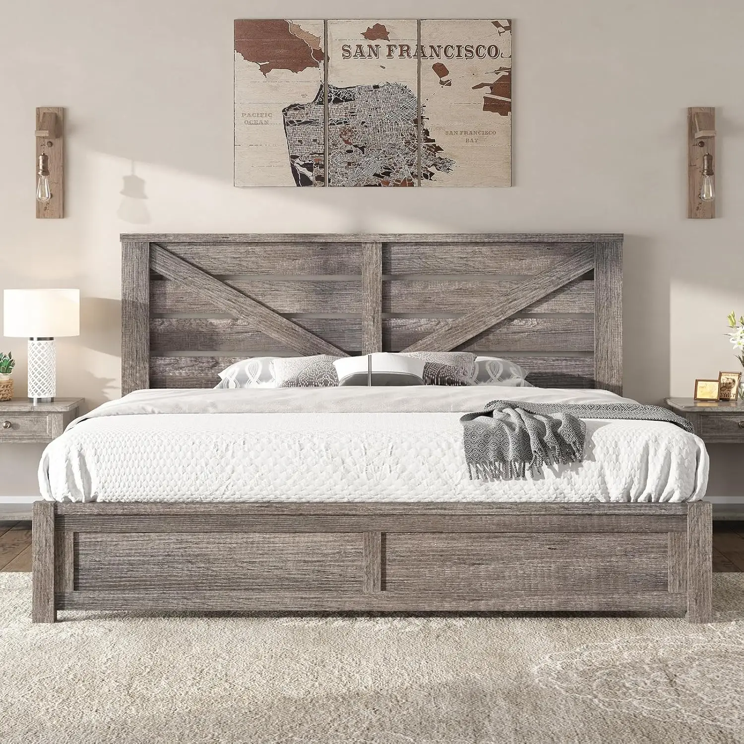 AMERLIFE King Size Farmhouse Bed Frame with 49.2