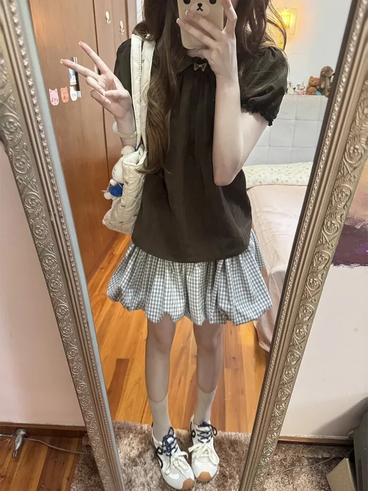 Retro kanten kraag Bubble ort Sve irt dames zomer 2025, nieuwe geruite knoprok, tweedelige set polyestervezel rond...