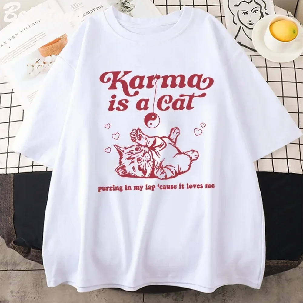 Women100% Cotton T Shirt Girl Tops Karma Is A Cat Taylor Midnights Album T-shirt Meet Me At Midnight Camisetas Unisex Clothes