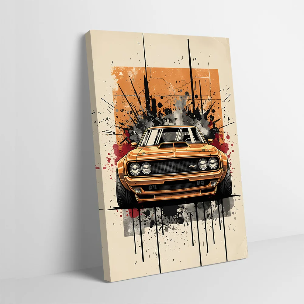 Orange Classic Car With Splatter Poster Customizable Printed Canvas Painting Wall Art Gift for Home Decor Luxury Decoration Room