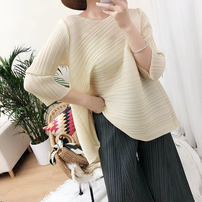 ALSEY Miyake Pleated Loose Casual Long Sleeve T-shirt for Women Spring Summer New Korean Simple Fashion Tops Aesthetic Clothes