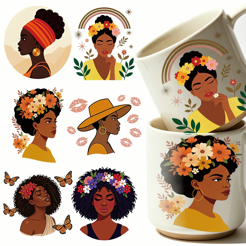 6pcs African Ethnic Women UV Transfer Crystal Stickers Ethnic Style Curly Hair Woman Transfer Sticker Cup Decoration Stickers