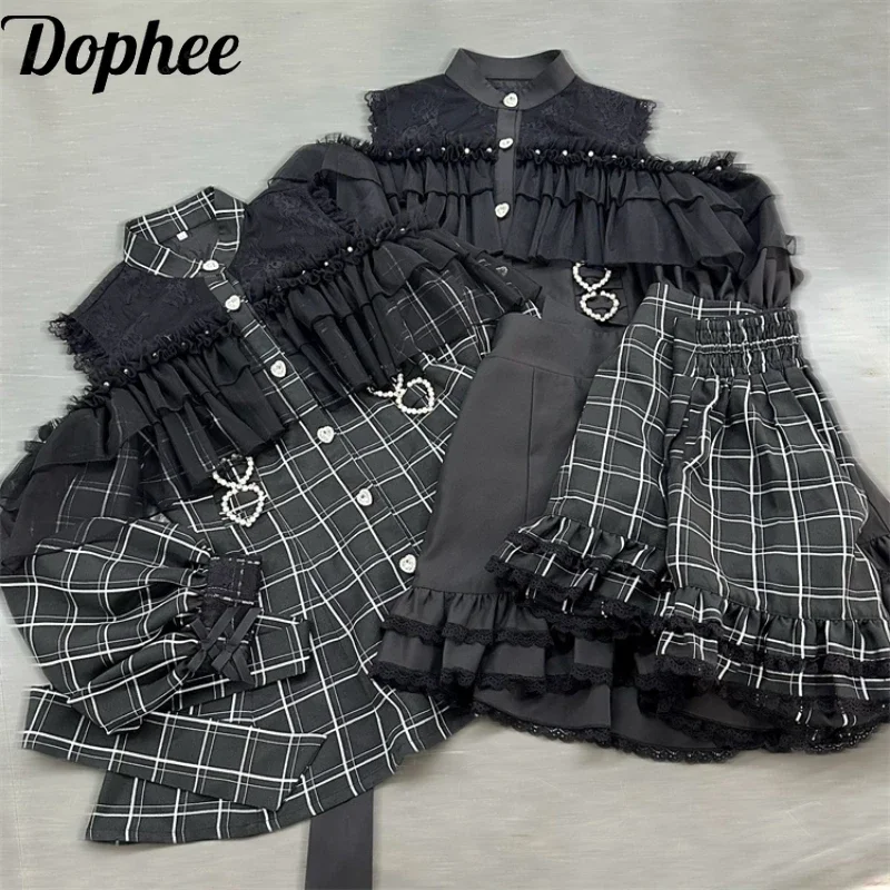 

Dophee Japanese Lolita Women Two-piece Set Off Shoulder Perspective Lace Long Sleeve Shirt Dress Ruffles Elastic Waist Shorts