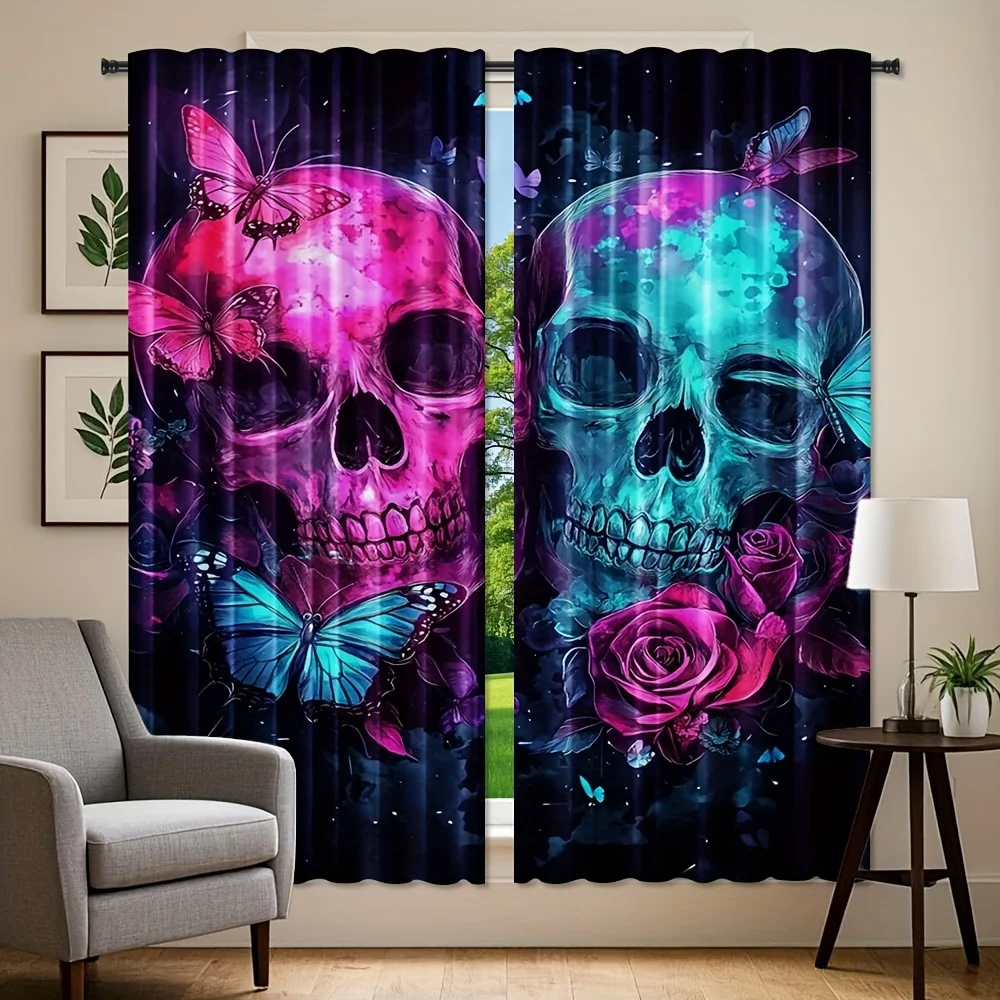 Dramatic Gothic Skull Butterfly Curtain Pair Window Panel Gothic Floral Skeleton Bohemian Art Window Treatment Decor Home Living