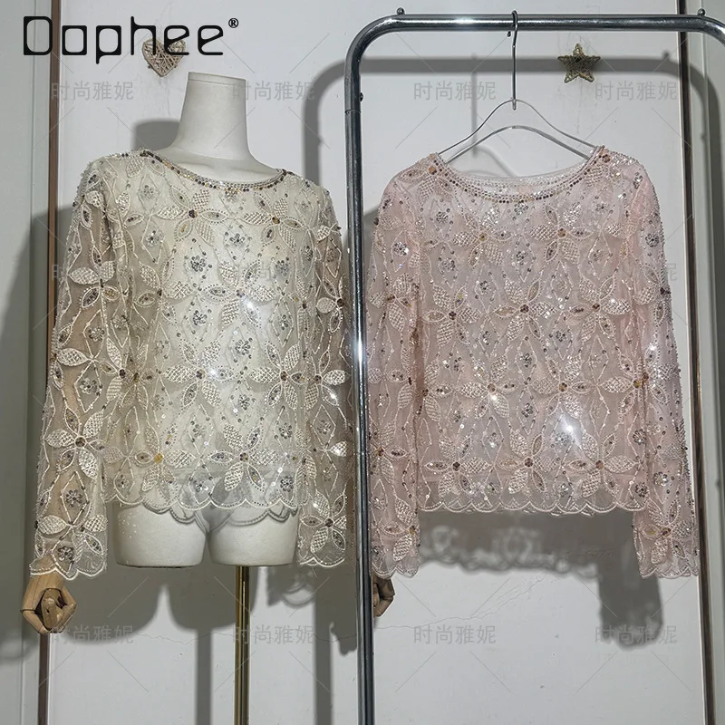 

Luxury Sequined Flower Lace Long-sleeved Women T-shirt Round Neck Versatile Top Socialite Heavy Industry Bead Embroidered Tops