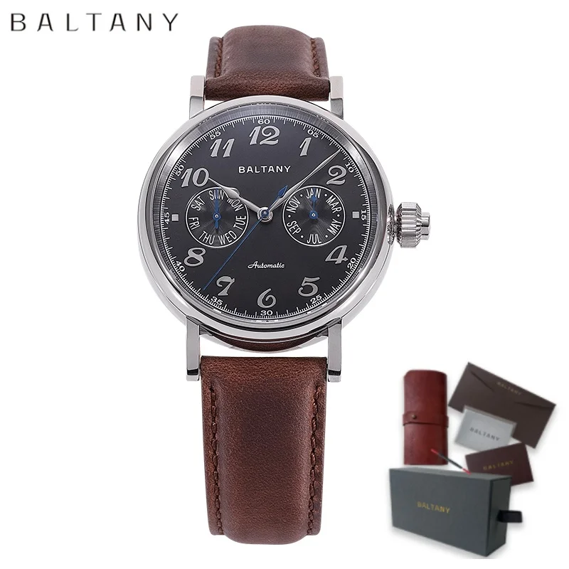 Baltany Function Luxury Fashion Miyota 9122 Automatic Mechanical Watch Hardening Process MOP Dial Leather Dress Wristwatch