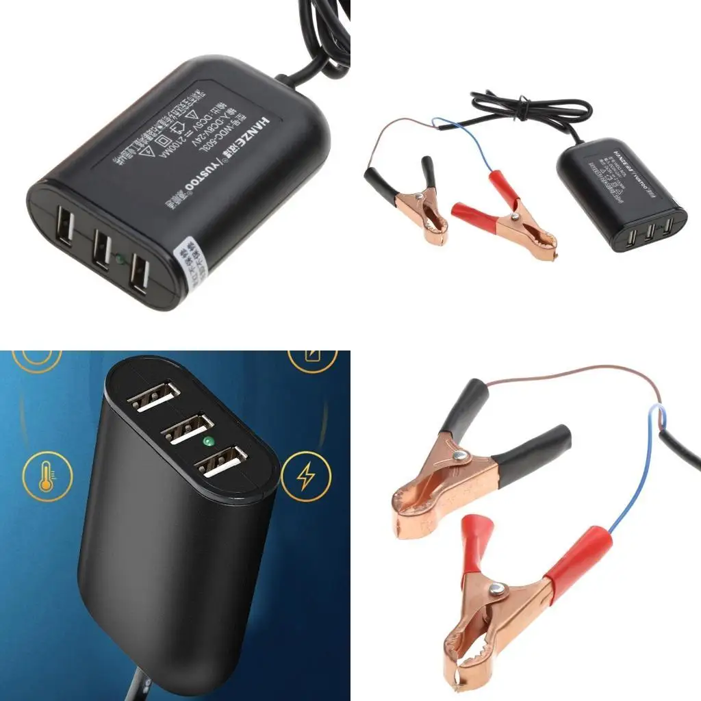 

R53C 3 Ports Charging Adapter with Battery Clip Converter 12V 24V to 5V 2.1A USB for Android iOS Phone Tablet GPS