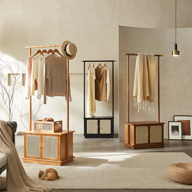 Rattan solid wood hanger floor-to-ceiling bedroom bedside locker wabi sandy wind multi-functional shoe change stool coat rack