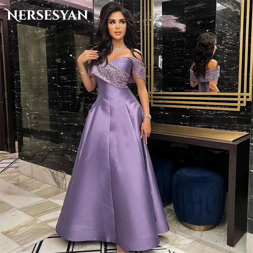 Nersesyan Purple Glitter Sequins Formal Evening Dresses Off The Shoulder Satin Sexy Prom Gowns A Line Long Vestidos De Fiesta