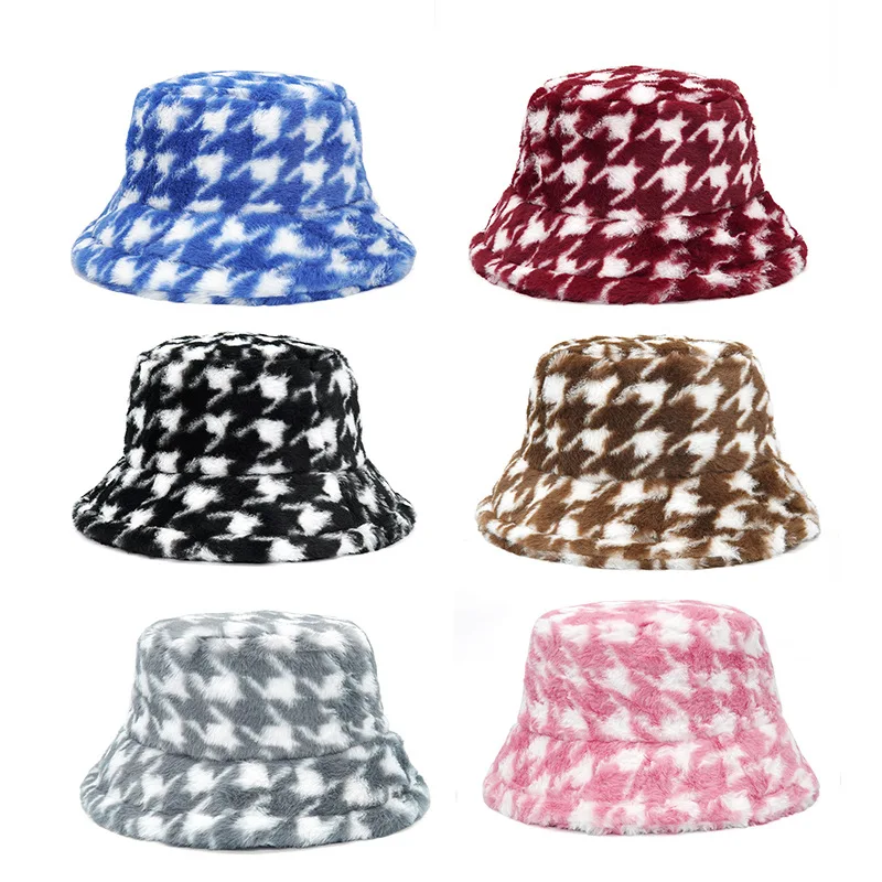 Luxury Winter Outdoor Vacation Fisherman Hat Women Houndstooth PanamaThickened Soft Warm Fishing Cap Faux Fur Rabbit Bucket Hat