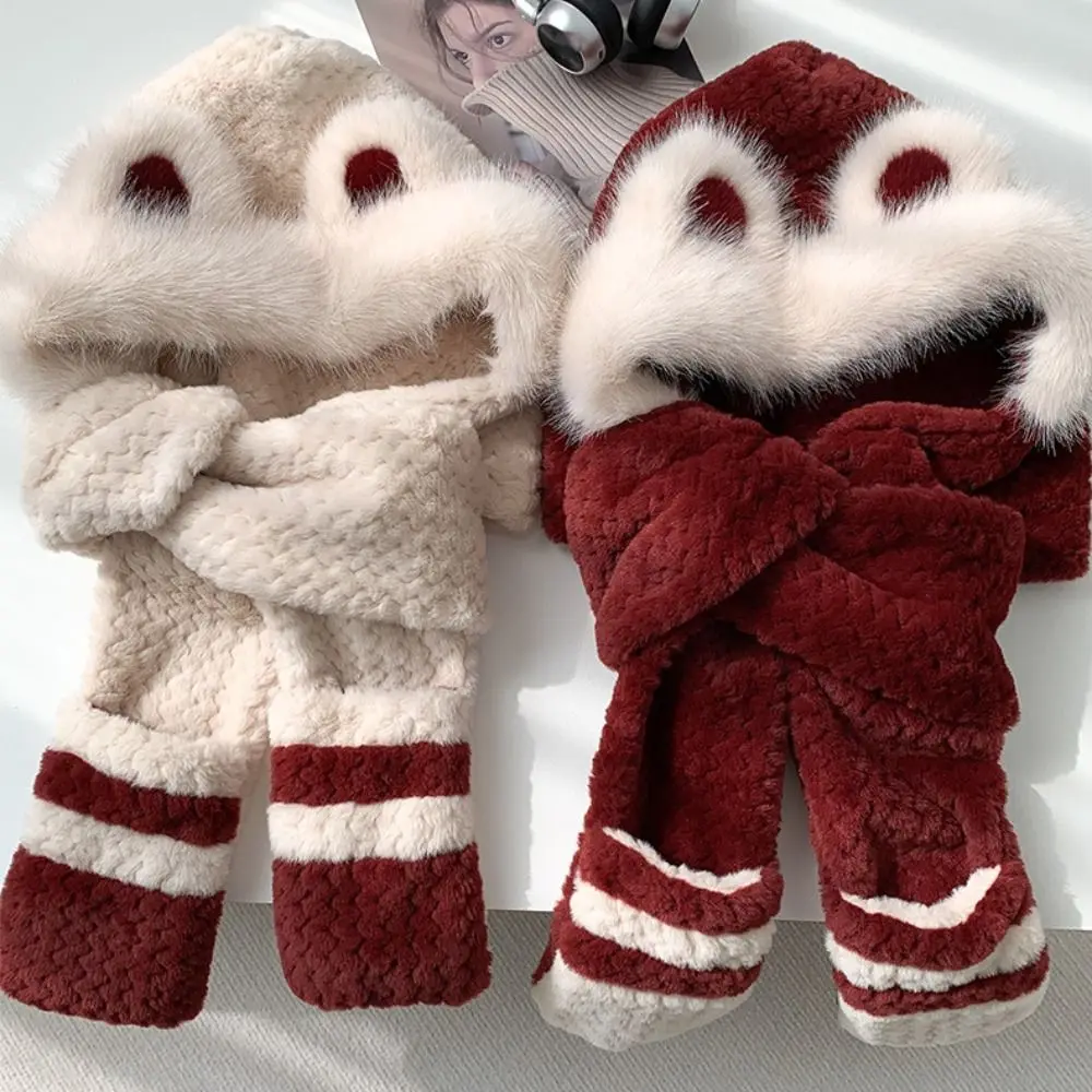 high-value-bear-protection-hat-soft-thickened-design-integrated-cap-gloves-scarf-sweet-pullover-ear-protection-hat-women-wear