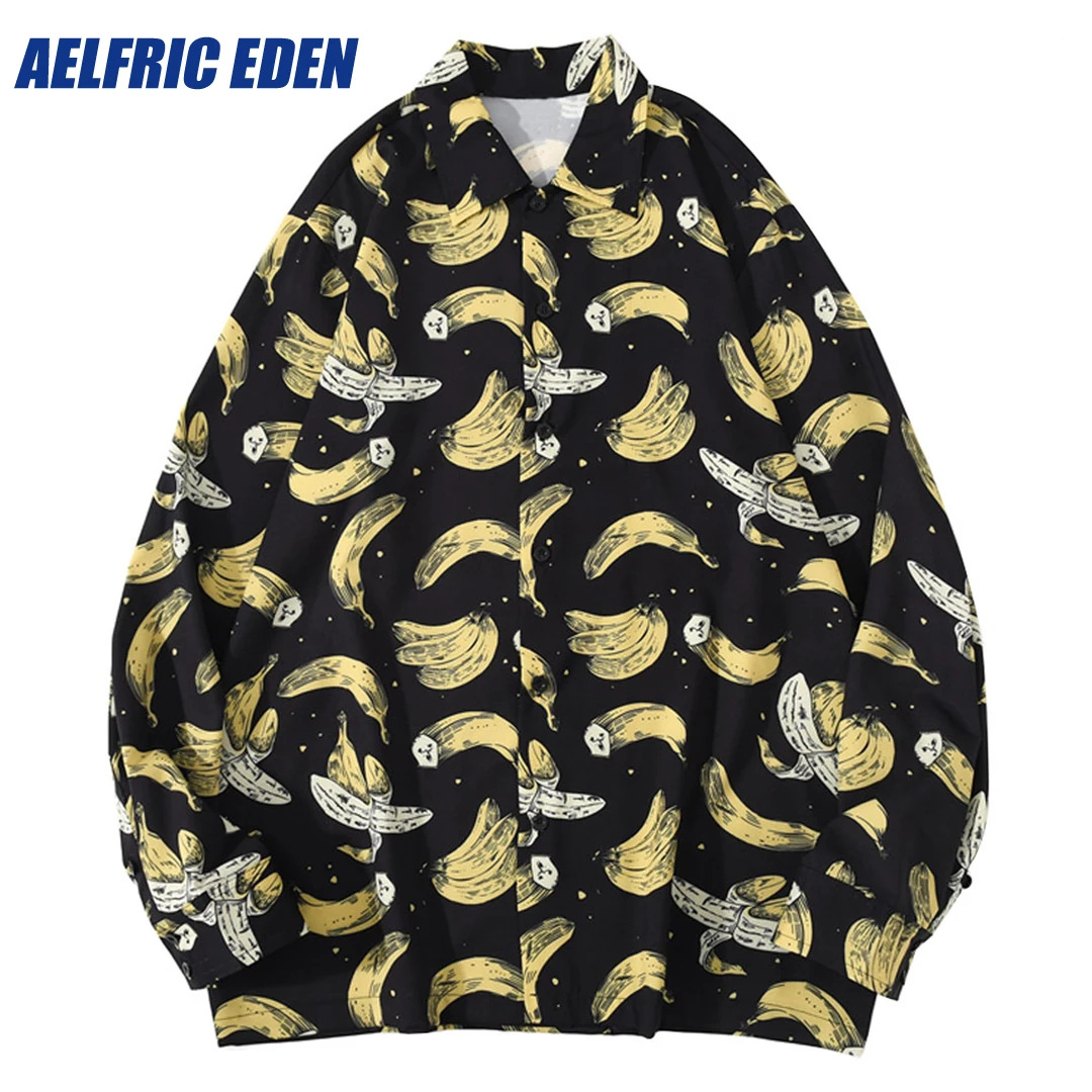 Aelfric Eden blus lengan panjang motif pisang, atasan blus pantai pesta liburan kasual Harajuku pasangan Hip Hop jalanan