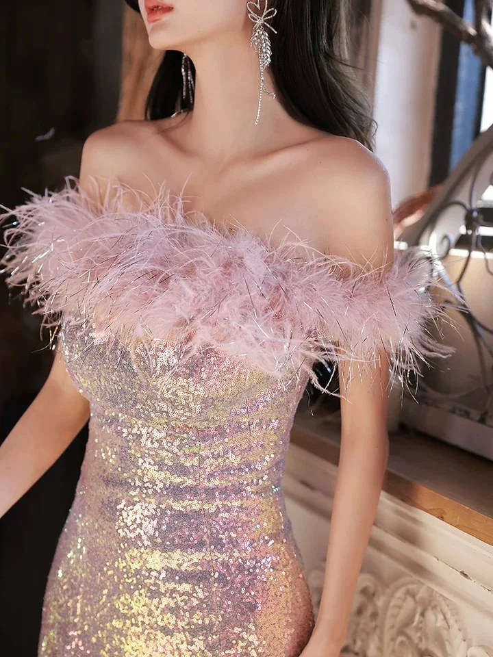 Vestidos de celebridades con lentejuelas rosas brillantes, cremallera y hombros descubiertos, plumas, sirena delgada, vestidos de noche sexys de fiesta largos con purpurina para mujer