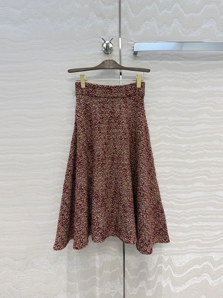 Spring Autumn Fashion Vintage Wool Blend Tweed Midi Skirt Women's Party High Waist Slim A-Line Elegant Long Skirt
