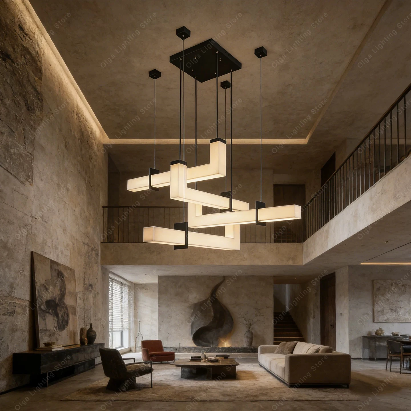 New Design Italian Style Long Spanish Marble Ceiling Chandelier Right Angle Stone Hanging Lamp for Villa Living Room
