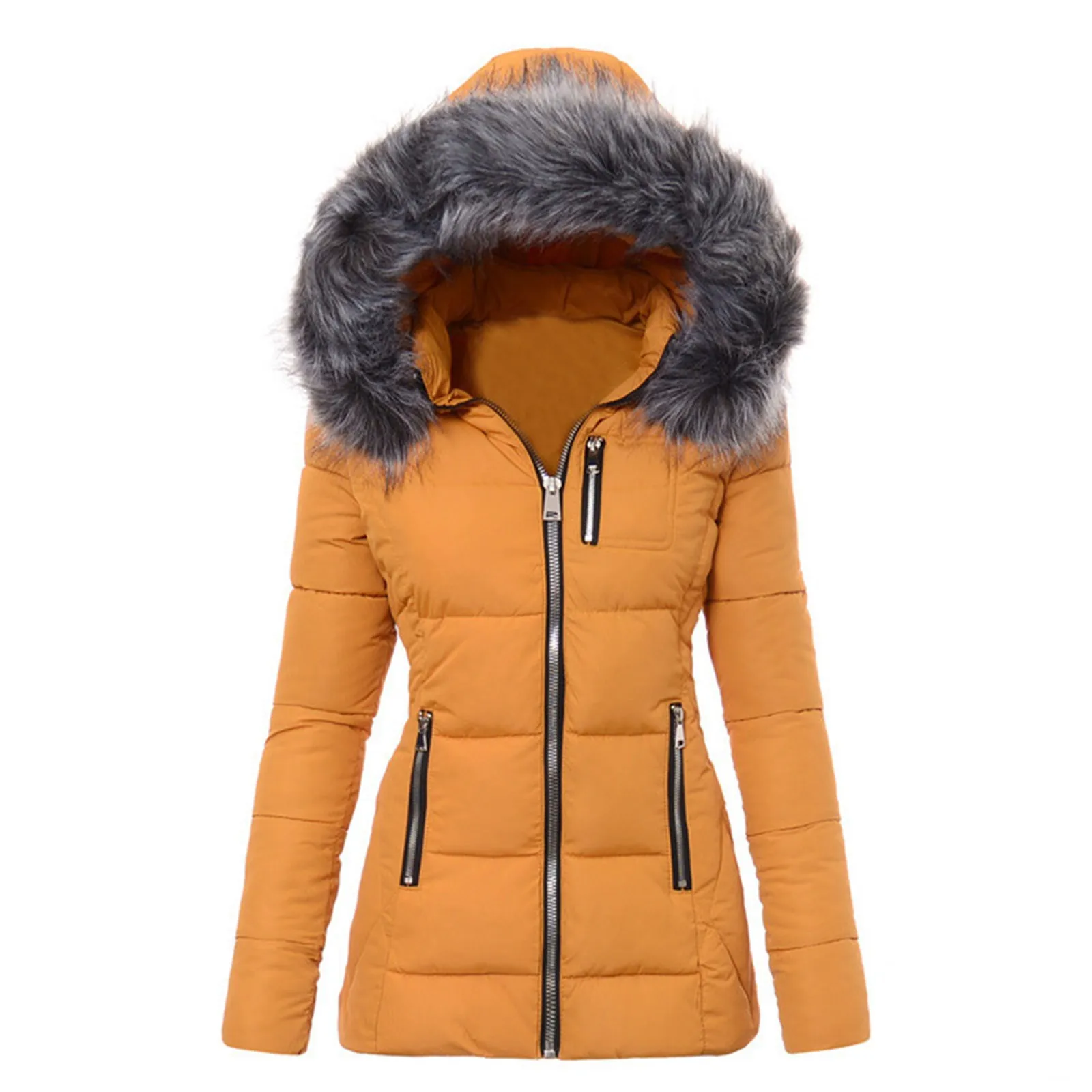 Down Coats For Women With Hood Thicken Warm Puffer Jacket With Faux Hood Winter Solid Slim Fit Outdoor Warm Outerwear Female New