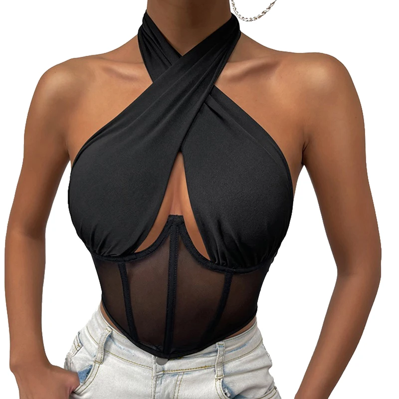 Camisola de Color liso con cuello Halter para mujer, corsé de malla transparente, Tops cortos para mujer