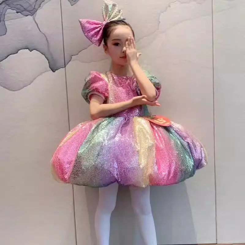 Tutu Dress Rainbow Sequined Puffy Tulle Gown Ballet Dance Outfit 2026 Summer Colorful Flowy Stage Soft Trendy Fashion Apparel