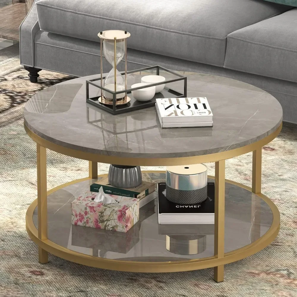 

Round Coffee Table 33.5" Coffee Tables for Living Room High Glossy Faux Marble Top Modern Circle Table Sturdy Gold Metal Frame
