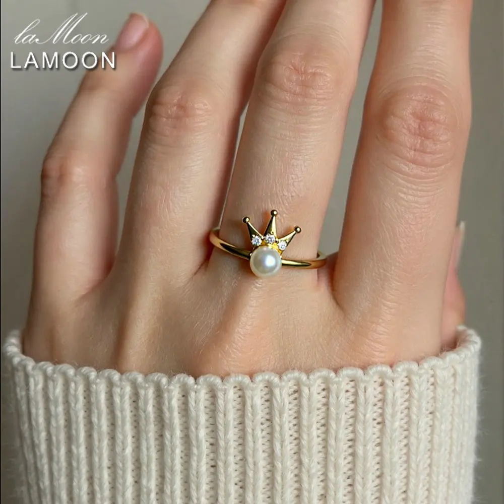 

Кольцо-корона LAMOON с пресноводным жемчугом для женщин, милое бижуровое изысканное серебро 925 пробы, позолоченное 14 К, ювелирные изделия, подарок на вечеринку LMRI115