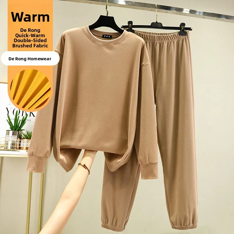

Thiened Fce Warm Sportswear Set round Ne Casual Outerwear Big Size Slimming Two-Piece Suit Pure Color Home Comfort Suit