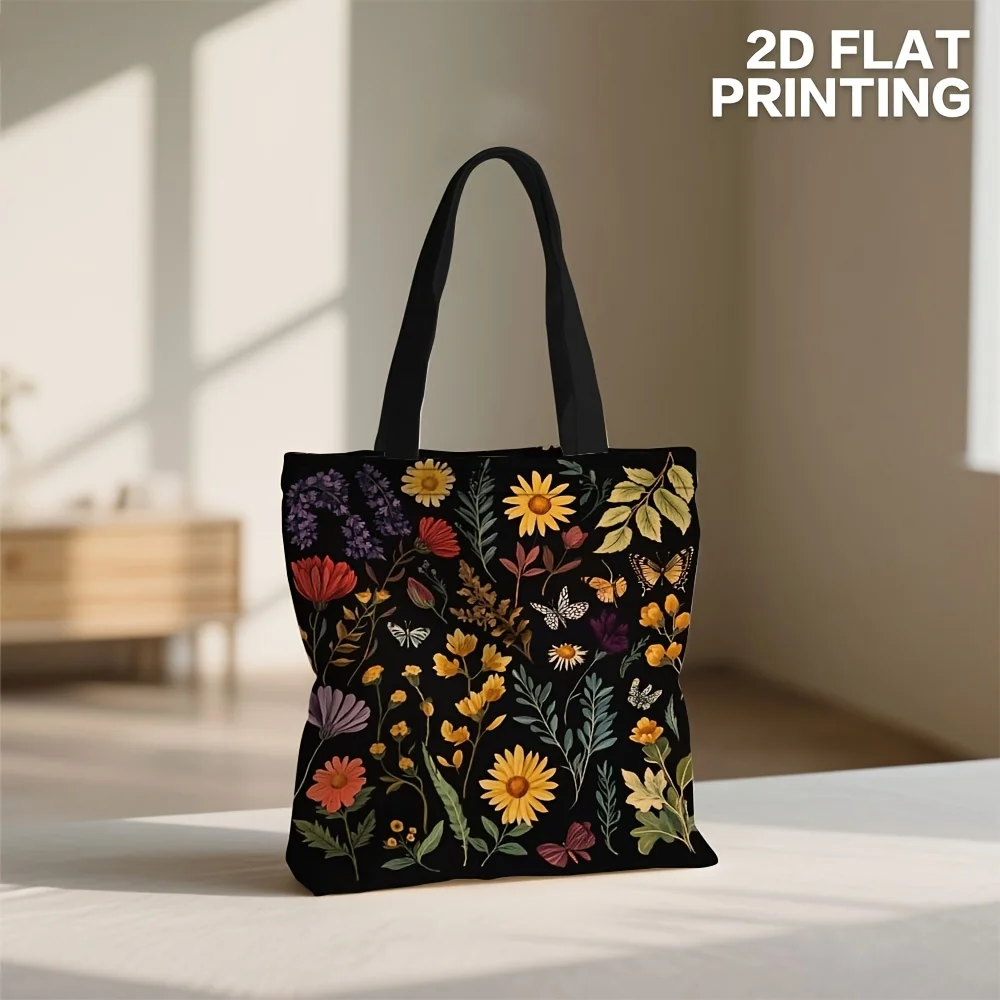 1pc Bold Floral Polyester Shoulder Bag – Vibrant Mixed Color Design with Autumn Flowers & Butterflies