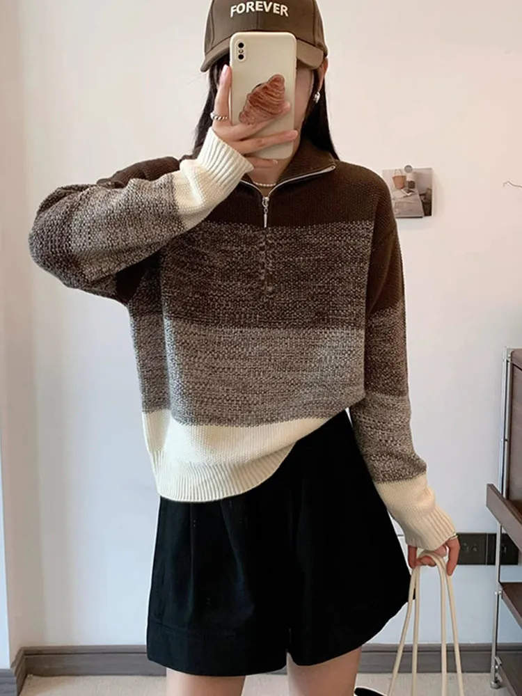 

Дизайн на молнии, приталенный повседневный длинный вязаный свитер в полоску из смеси шерсти, модный топ на голову для молодежи