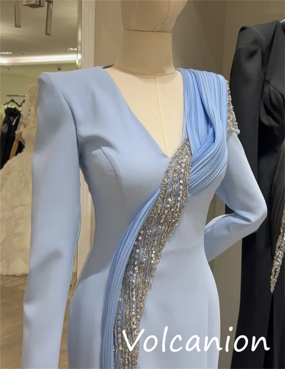 Personalizado elegante requintado camisa lantejoulas plissado trompete com decote em v vestidos longos sob medida ocasião clássico