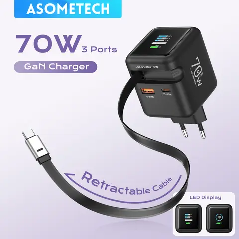 Caricabatterie rapido GaN da 70 W con cavo retrattile di tipo C 3 IN 1 PD3.0 QC4.0 PPS Ricarica rapida per iPhone 16 15 14 Xiaomi Tablet Laptop